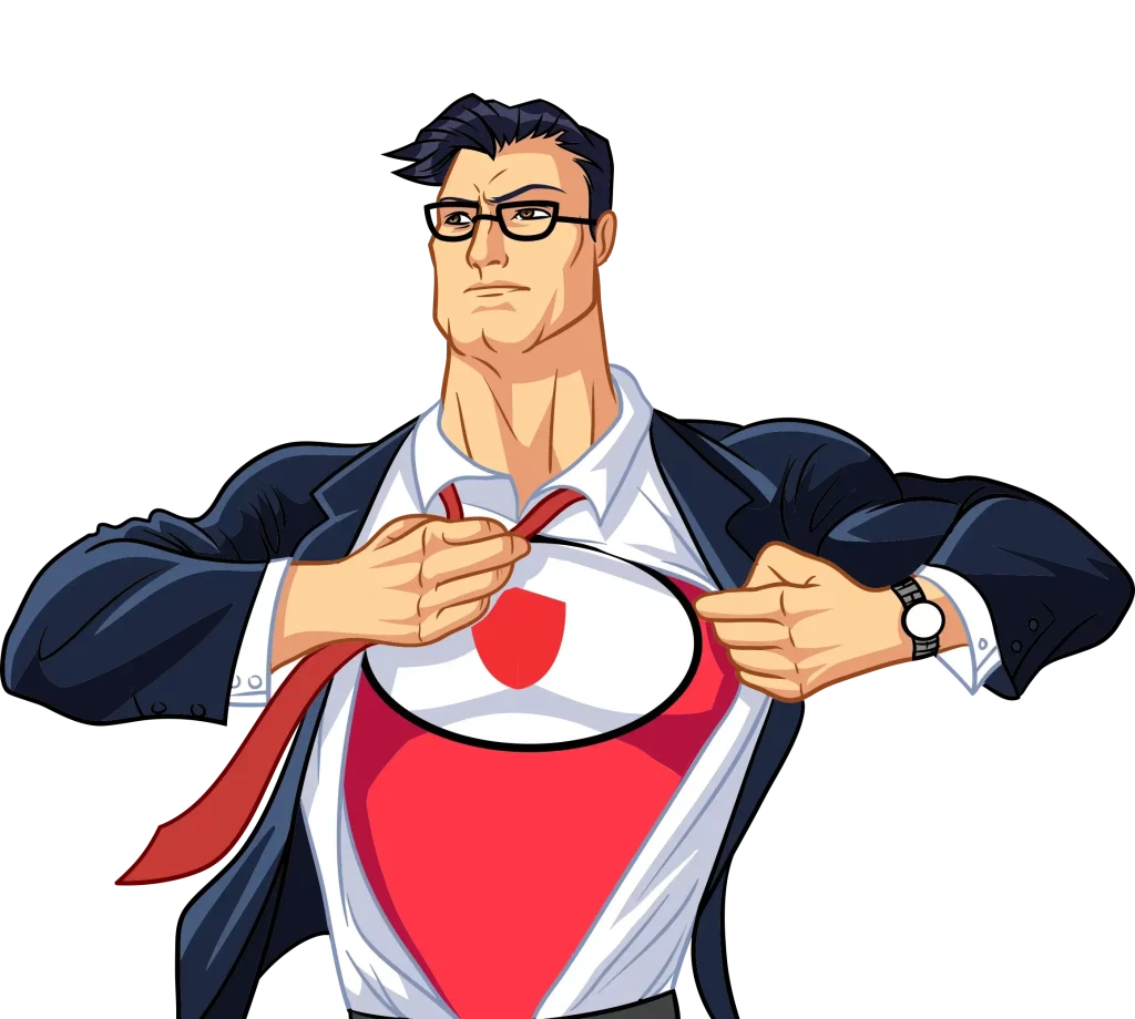 Illustration of a man in a suit pulling open his shirt to reveal a superhero emblem beneath