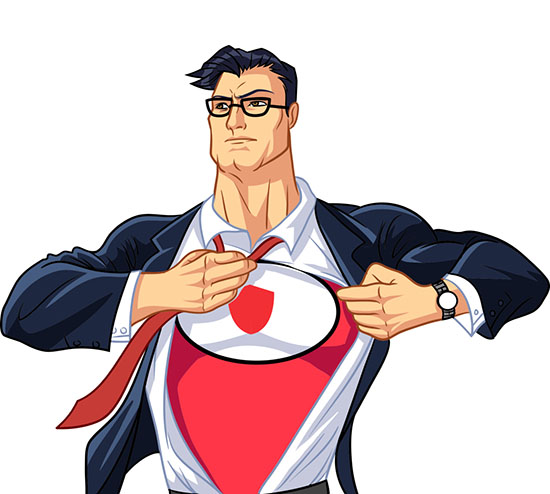 Illustration of a man in a suit pulling open his shirt to reveal a superhero emblem beneath